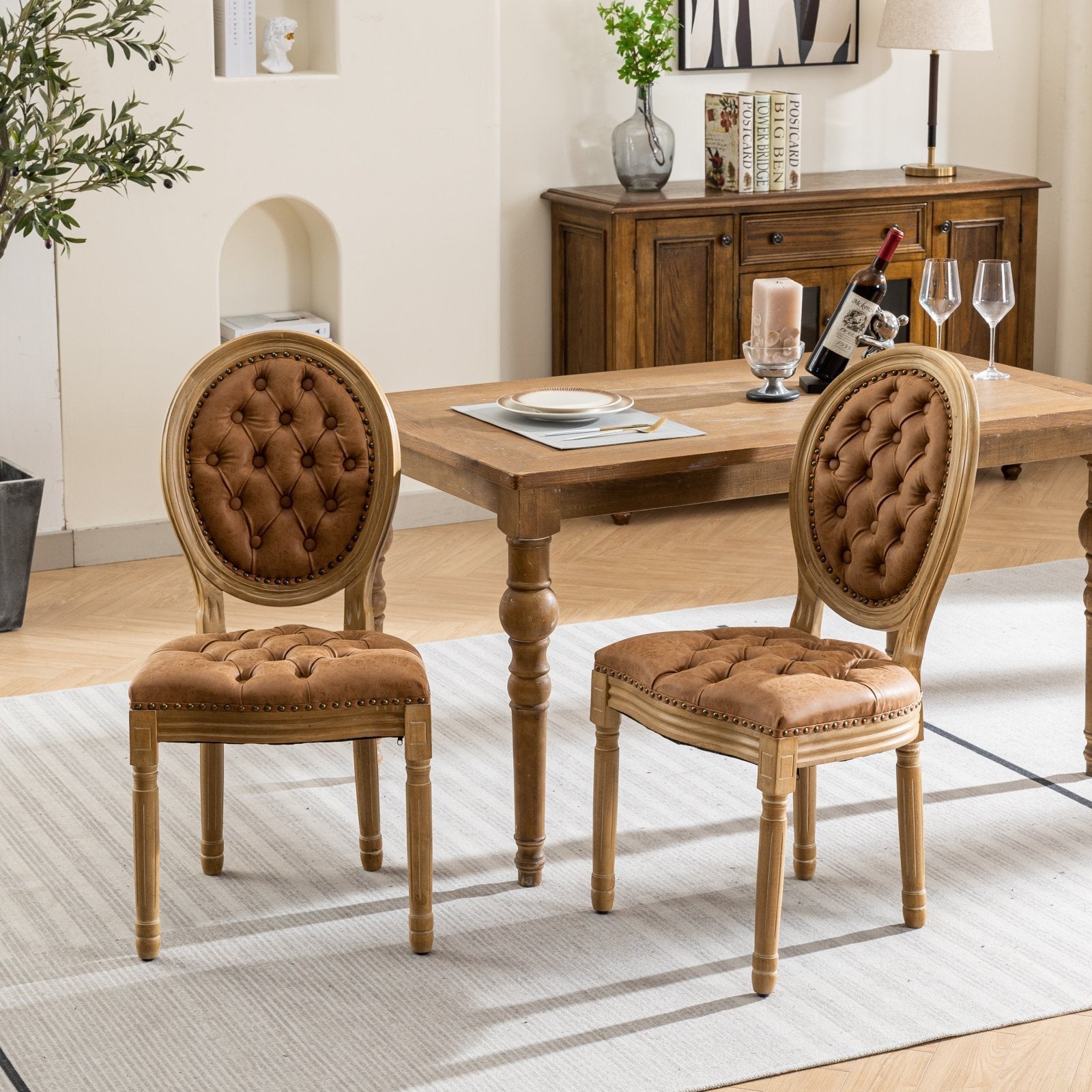 Set of 2 French Style Solid Wood Antique Dining Chairs-1